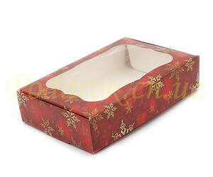 Коробочка красная 150х100х30мм с окном и снежинками Коробочка красная 150х100х30мм с окном и снежинками
